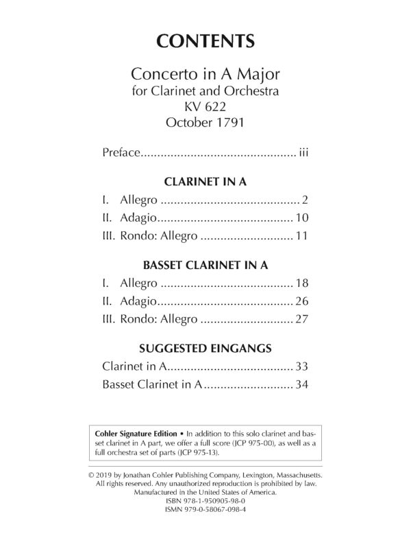 Clarinet and Basset Clarinet in A Table of Contents